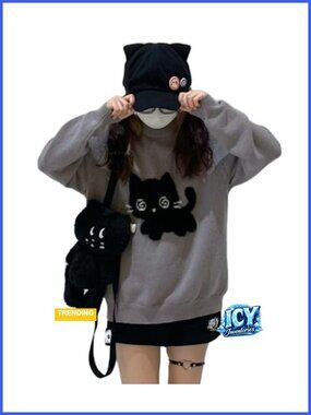Kawaii Cat Print Long Sleeve Crew Neck Oversize Pullover Sweater